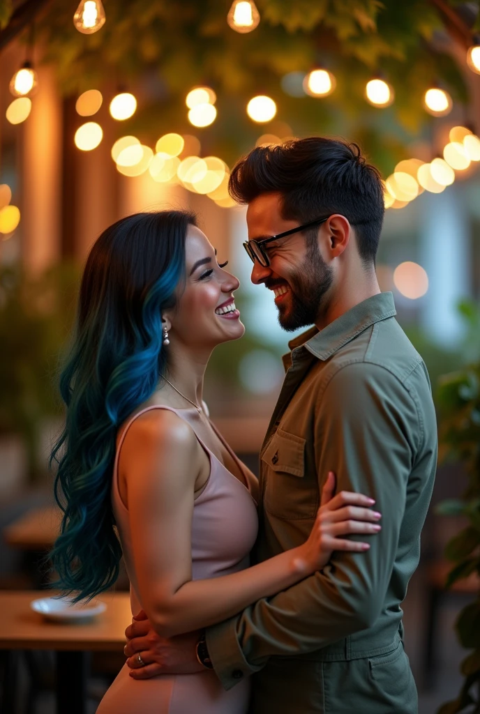 Couple, she curvy body, big cheeks, big butt, black hair with blue, big brown eyes, fair skin with a nose piercing and fair skin, straight hair styled up and small rectangular glasses and a wide nose with dimples in the cheeks and fair skin