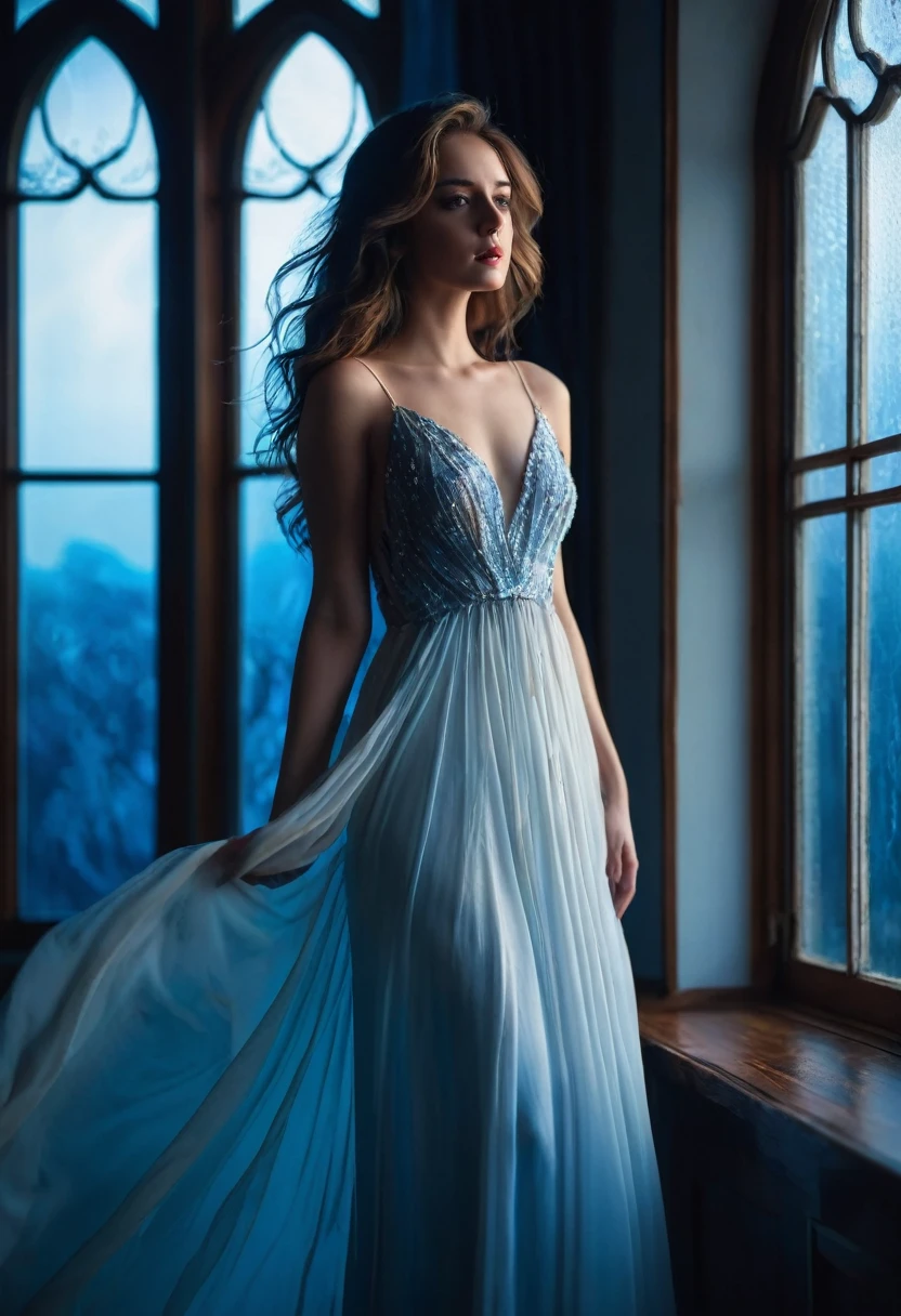 closeup shot, woman in a dress standing in front of a window, romanticism, in evening gown, flowing gown, wearing a flowing dress, mysterious woman, haunting beautiful young woman, wearing a white flowing dress, flowing dress, woman in dress, extremely moody blue lighting,