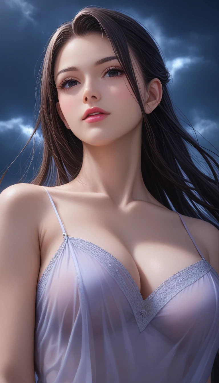 score_9, score_8_superior, score_7_superior, High-resolution CG illustration,A masterpiece in 32K resolution,Highest quality,it is really amazing,Very detailed,Ultra-high resolution,Ultra-realistic,Realistic,Increased depth of field,Cinematic lighting,
Sexy mature Japan woman,
Glossy black hair,Straight Long Hair,Showing his forehead,god々Beautiful,Ultra-detailed and beautiful face,Sensual look,Beautiful dark brown, moist eyes,Pitch black eyes,Glowing, moisturized skin,Translucent white skin,born々New skin texture,Great proportions,
Sexy summer resort slit dress,
Bold design,Detailed race decorations,Chic color scheme with purple as the base,詳細なborn地の質感,
A dark and blurry night background,Dark overcast sky on a dull night,Dark clouds filling the sky,Thundercloud,Coastline at night,Stormy seas,delay々A desolate sandy beach that continues,
Cinematic,Low - Angle,