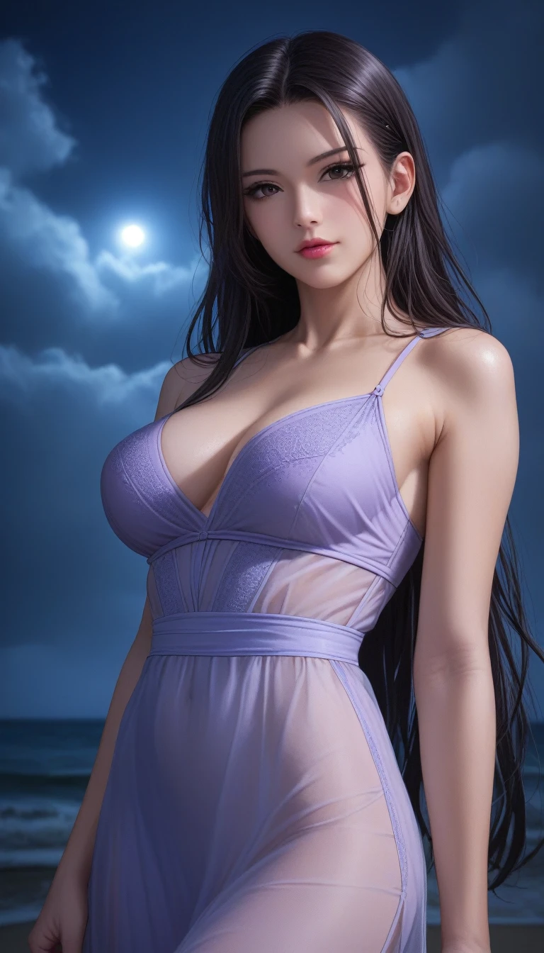 score_9, score_8_superior, score_7_superior, High-resolution CG illustration,A masterpiece in 32K resolution,Highest quality,it is really amazing,Very detailed,Ultra-high resolution,Ultra-realistic,Realistic,Increased depth of field,Cinematic lighting,
Sexy mature Japan woman,
Glossy black hair,Straight Long Hair,Showing his forehead,god々Beautiful,Ultra-detailed and beautiful face,Sensual look,Beautiful dark brown, moist eyes,Pitch black eyes,Glowing, moisturized skin,Translucent white skin,born々New skin texture,Great proportions,
Sexy summer resort slit dress,
Bold design,Detailed race decorations,Chic color scheme with purple as the base,詳細なborn地の質感,
A dark and blurry night background,Dark overcast sky on a dull night,Dark clouds filling the sky,Thundercloud,Coastline at night,Stormy seas,delay々A desolate sandy beach that continues,
Cinematic,Low - Angle,