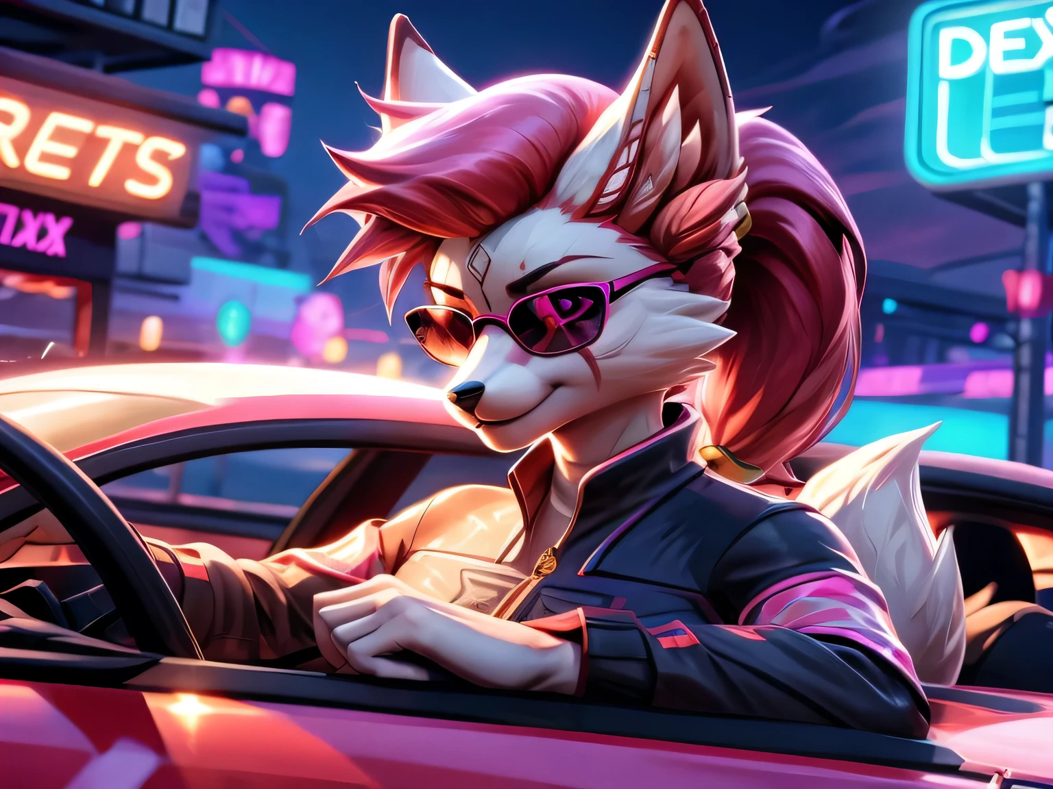 kimiko, furry female anthro, fox girl, white body fur, Pink hair, multiple tails, solo, body fur, (best quality), short ponytail, scar on the eye, detailed face, masterpiece, perfect lighting, perfect shadows, perfect hair, perfect face, dressed, sunglasses, driving a car, neon lights, like a retro racing game, high speed, racing suit