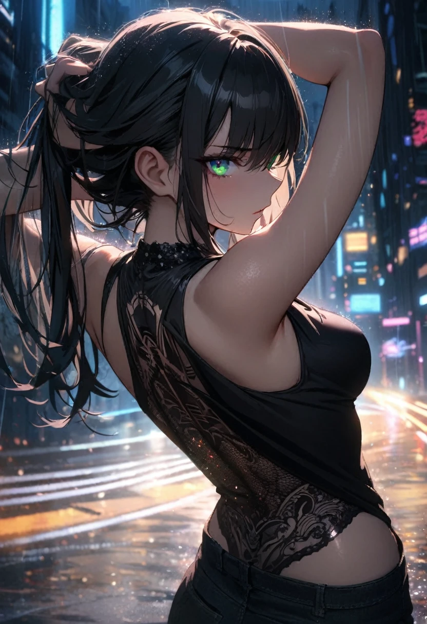 1girl,solo,back profile,detailed close up on black skinny jeans,detailed close up on bedazzling emerald eye looking at you,serious eye,intense gaze,magnificent long black hair covering one eye,black jacket,black neon city,sexy pose,hands overhead,sexy stretch,erotic pose,adjusting hair,dramatic rainstorm,black tank top,detailed close up on black skinny jeans,goth tattoo on backside,cinematic glitter,nighttime,extremely detailed,masterpiece,HDR,4K,best quality,trending on danbooru

