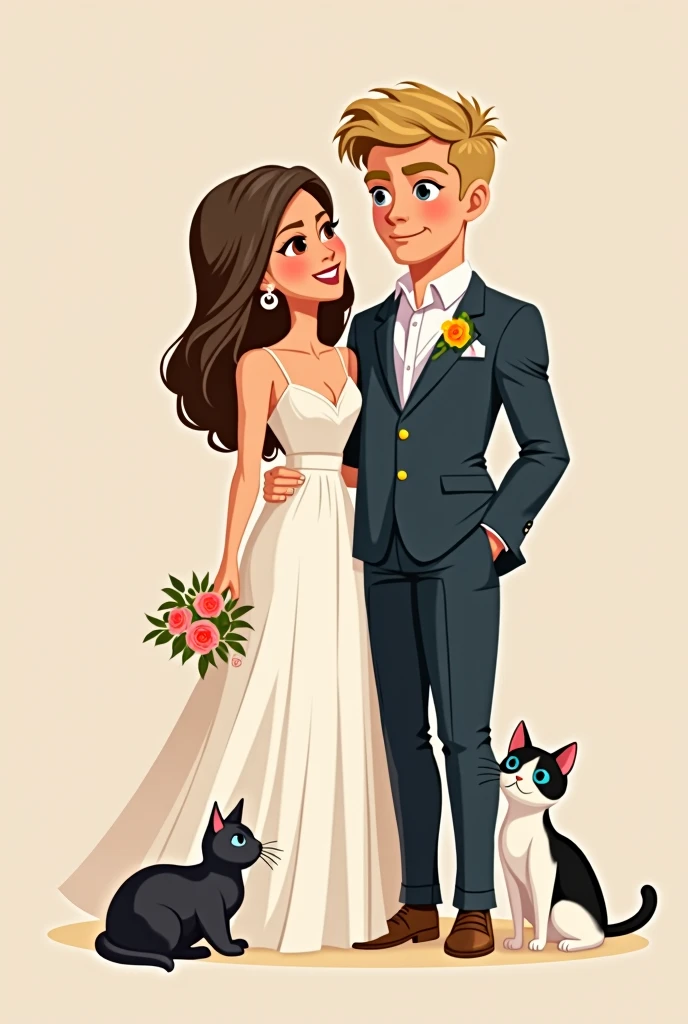 A simple and elegant illustration of a chic and minimalist wedding invitation. The design showcases Birsu Sun, a radiant bride with sleek, wavy brown hair and captivating dark-brown eyes, and Erkan Eren, a dashing groom with voluminous, wavy blonde hair and mesmerizing blue eyes. Their elegance is further accentuated by their refined attire. The couple's two cherished cats, Ponyo, a noble, short haired black female, and Roku, a charming black and white male with a curious expression, grace the corner of the invitation, adding an enchanting touch of whimsy and endearing charm.