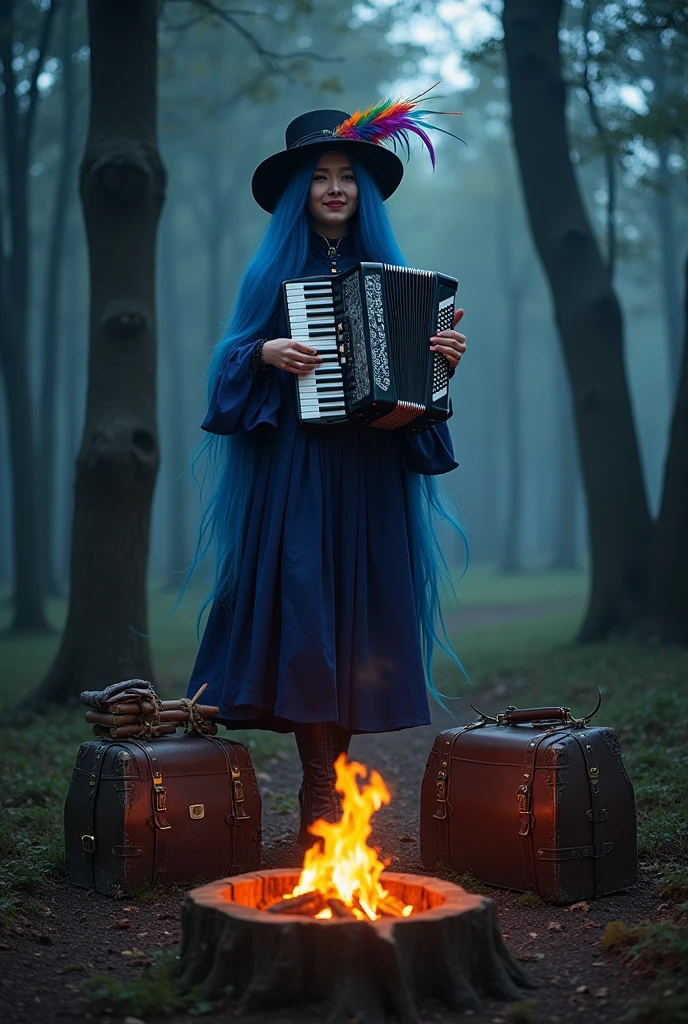 ((Highest quality)), ((masterpiece)), (detailed), One person, Gothic、Horror、Item merchant at the save point、Bard、accordion、Edwardian hat with a feather decoration、Indigo blue, sweet yet elegant clothes、a Japanese person with a quirky, long hairstyle、High heel boots、Large baggage、lanthanum、、bonfire、They perform on a simple tree stump stage.、they find you and smile.、A person with some equipment、arms、