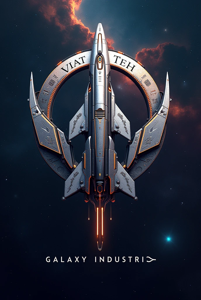 logo in the middle, a spaceship on the sides, two gears, above the ship the inscription Vrauth tech under Galaxy Industries