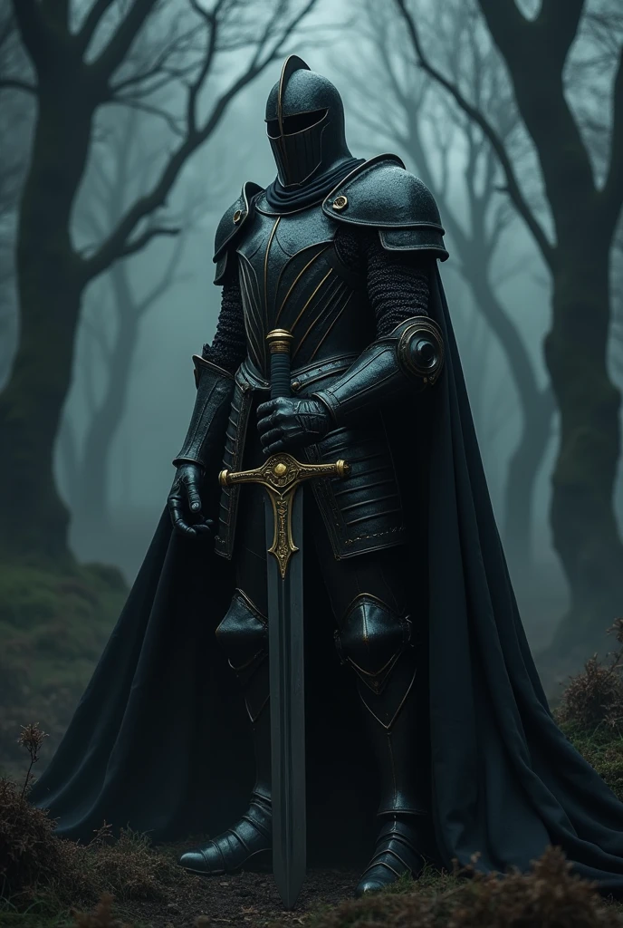 Black Knight,Knight in black armor,Stab the two-handed sword into the ground,Hold the hilt of the sword with both hands,Black Cape,Otherworldly Armor,Gold color line,Night Forest,fog,Cloak fluttering in the wind,(Wear a black robe over your armor)