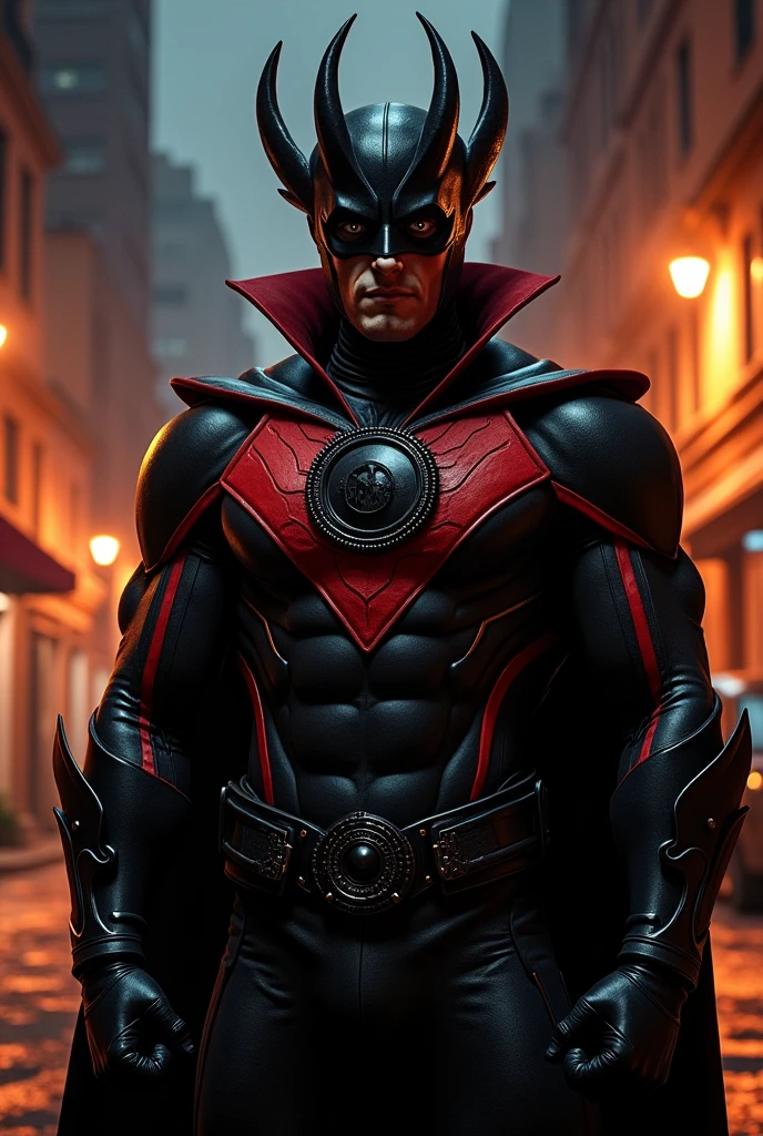 a hispanic male, super villian with a black costume with red details with cut off sleves, and a black circle in the center of the chest, and he holds a pendant with a black circle on it, with a unique mask
