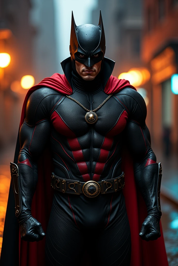 a hispanic male, super villian with a black costume with red details with cut off sleves, and a black circle in the center of the chest, and he holds a pendant with a black circle on it, with a unique mask