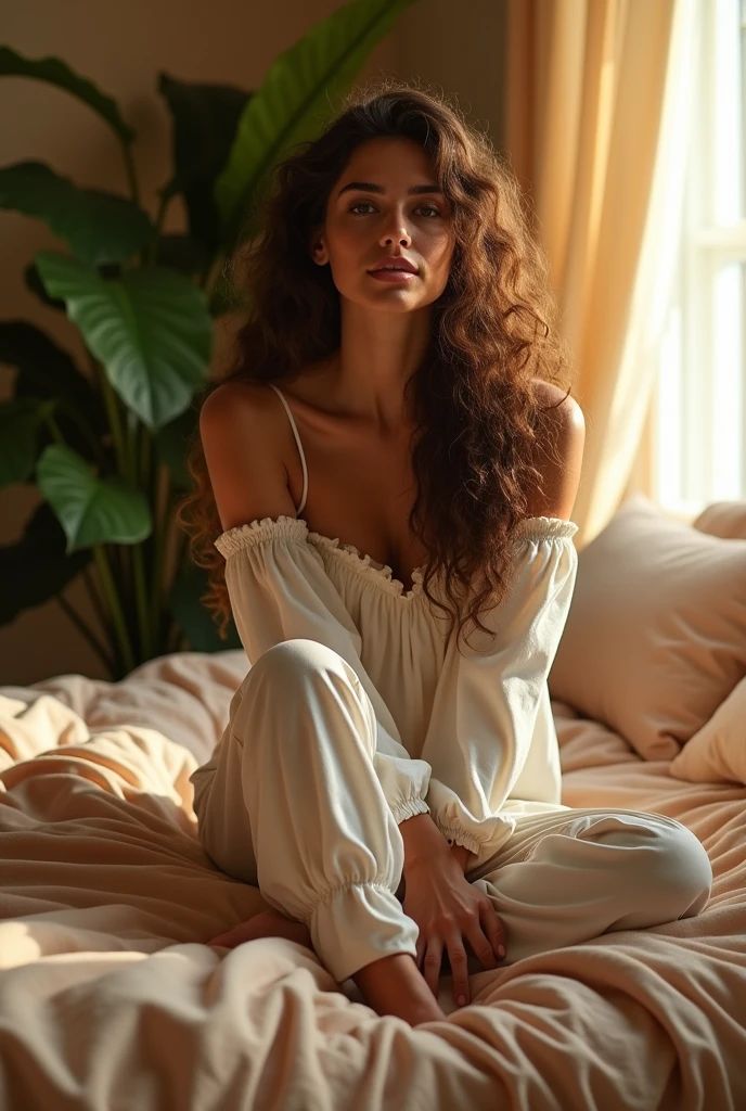 (photorealism:1.2), beautiful woman, sitting on bed, wearing loose off-shoulder top, pajama pants, long curly hair, indoors, soft lighting, plants in background, window with sunlight, cozy room, relaxed pose, realistic, intricate details, warm colors, by Greg Rutkowski, by Alphonse Mucha