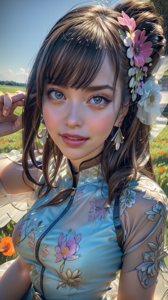 (best quality,4k,8k,highres,masterpiece:1.2),ultra-detailed,(best quality,realistic:1.2),lovely woman,field of poppy flowers,sheer see-through tight-fitting yellow floral print summer dress,sunset, large breasts,play,joy,beauty,harmony,portrait,soft lighting,vibrant colors, HDR, 8k, absurdres, cinestill 800, sharp focus, add_detail:2, Ultra HD | | | ((Fullbody-shot)) add_detail:2 (1woman, solo)