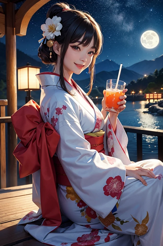A beautiful woman in a kimono is smiling as she enjoys a drink from a sake cup on a starry full moon night.