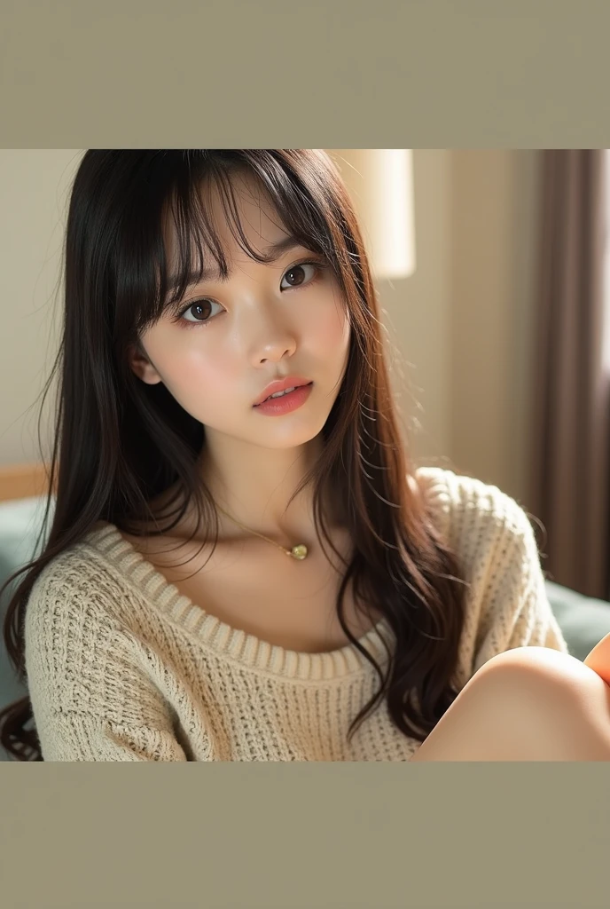 Wearing a knitted sweater & mini skirt, (Lift up your skirt to show your underwear:1.3), Realistic photo, of Japanese, nude, Lie on the bed with your legs spread, The lower body is a futuristic machine, Detailed face and body, Natural light, High resolution, photoRealistic, (Highest quality,8k,High resolution,masterpiece:1.2),Very detailed,(Realistic,photoRealistic,photo-Realistic:1.37),Realistic skin texture,Beautiful long eyes and lips,Beautifully detailed face,Long eyelashes,Smooth Skin,Natural body shape,((Medium Hair,Straight Hair,Keep your bangs straight down)),Thin face