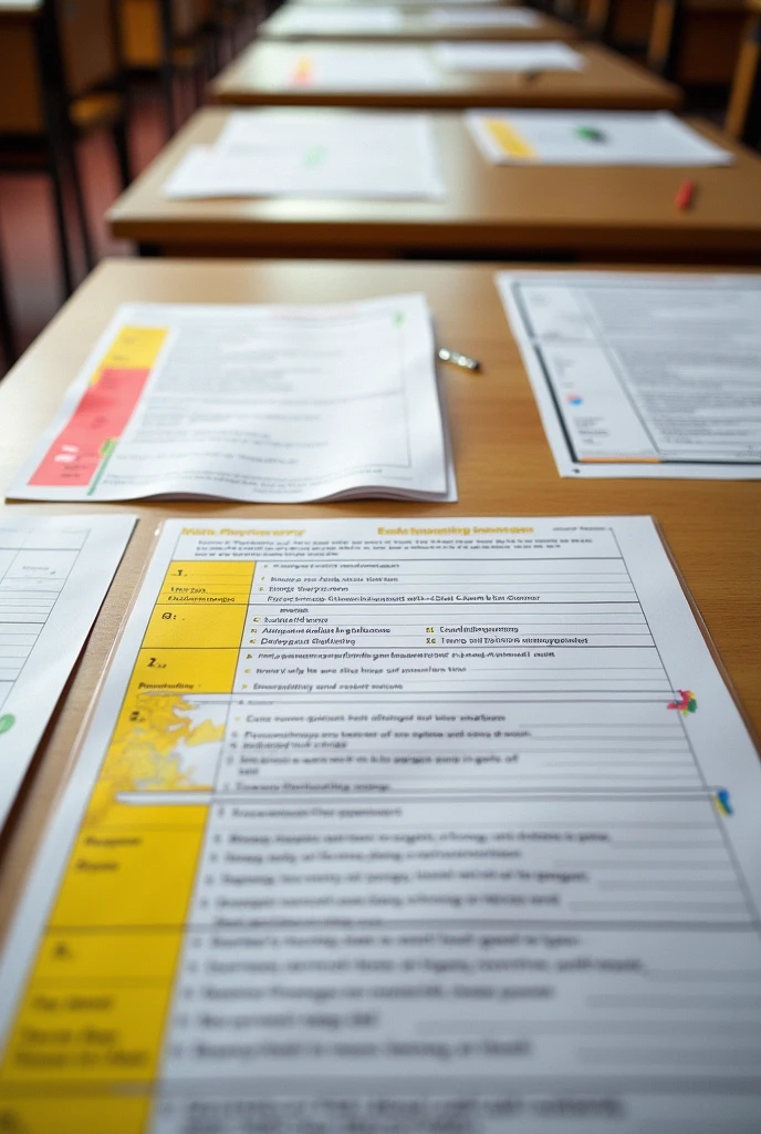I want a image of perfectly done college exam sheet from exam hall from top view , yellow and red theme more like this with more breathing space