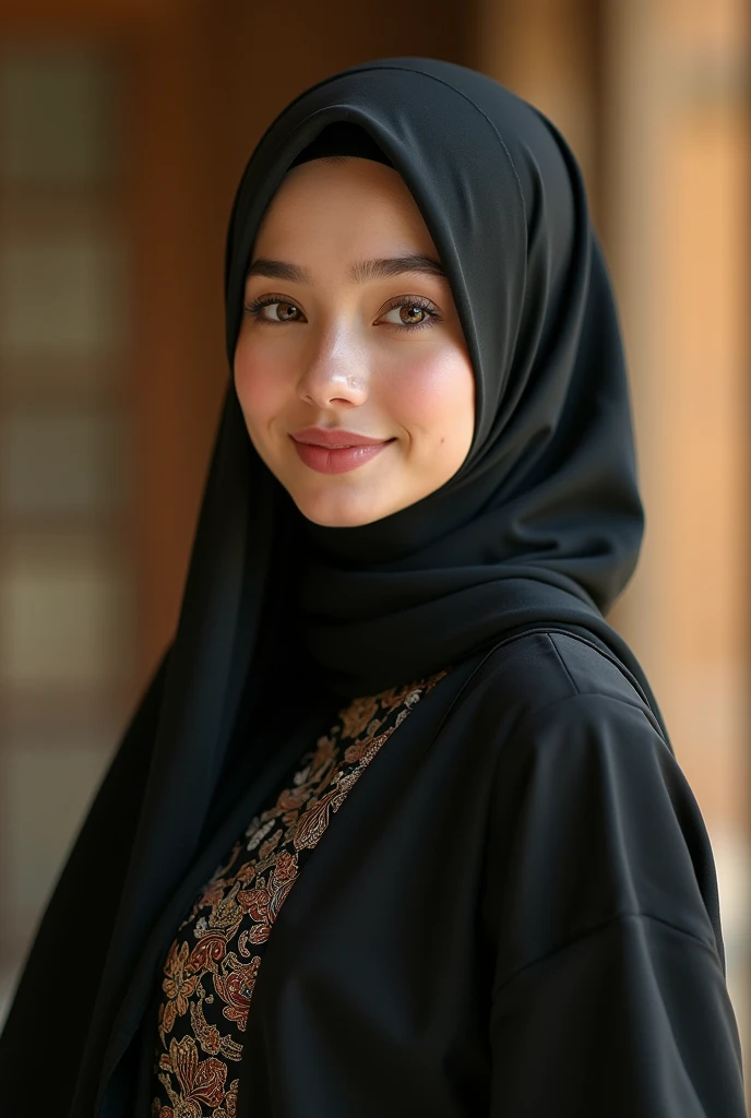masterpiece, beautiful young Muslimah, wearing baju kurung or black jacket, hijab, ((malay girl hijab)), (((full hijab))), (((long hijab))), (((close hijab))), fit body, perfect eyes, pale skin, fair skin, perfect skin, casual, stylish outfit, charming smile, soft and warm lighting, natural pose, serene background, highly detailed, professional photography, cinematic, photorealistic, soft focus, bokeh effect