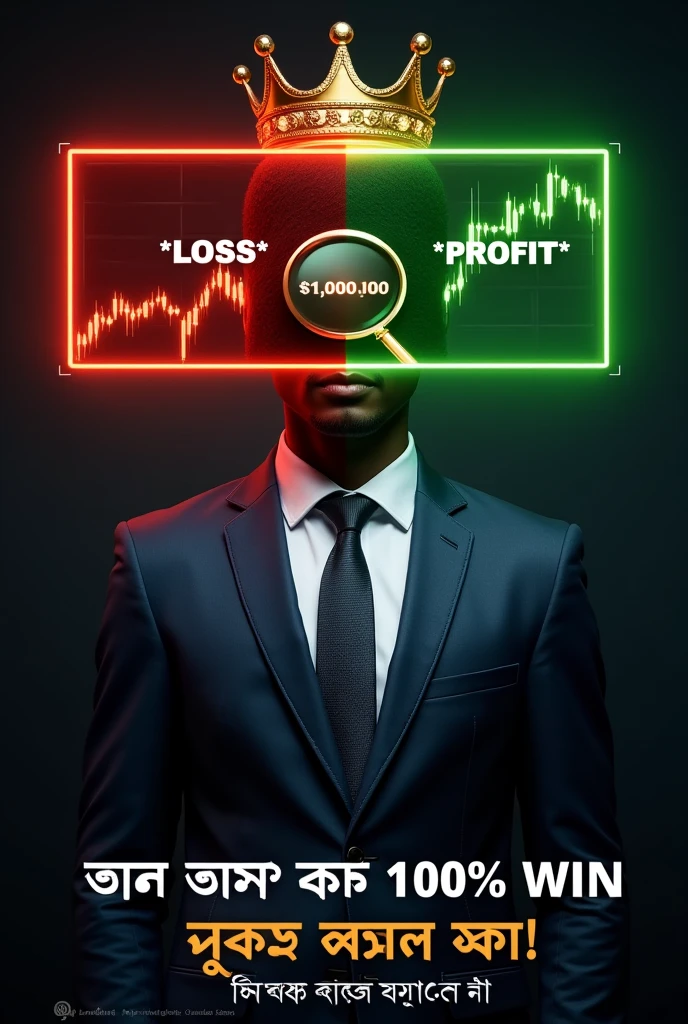 Here's a detailed prompt based on the image you provided:
"A promotional graphic featuring a person in a suit with their face replaced by the logo of Quotex. The person is wearing a crown, symbolizing success. On the left side, there is a red-bordered screen labeled '*LOSS*' showing a declining financial chart. On the right side, there's a green-bordered screen labeled '*PROFIT*' displaying a rising chart with a magnifying glass highlighting a profit of $1,000.00. At the bottom, in bold text, the message 'প্রতিটি ট্রেড ১০০% WIN হবে' is displayed, suggesting guaranteed wins in trades. The text is in Bengali, with an emphasis on learning to trade in Bengali."
Let me know if you need further adjustments!