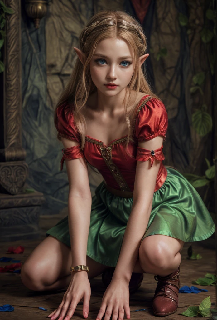 Princes Zelda, blue eyes, (best qualityer, ultra detail), (realisitic:1.37), beautiful and detailed face, ultra-realisitic texture, Exquisite face, Delicate body, red lipgloss stick, shiny colors. High definition, 8k.