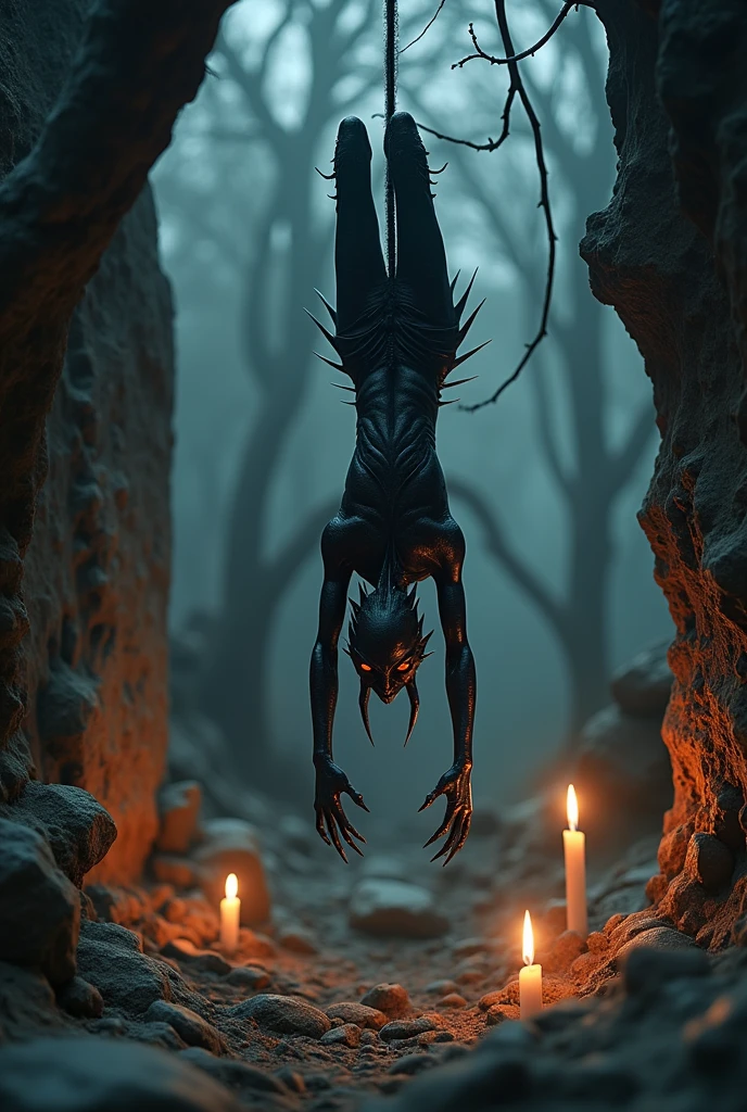 Macabre upside-down black demon 
