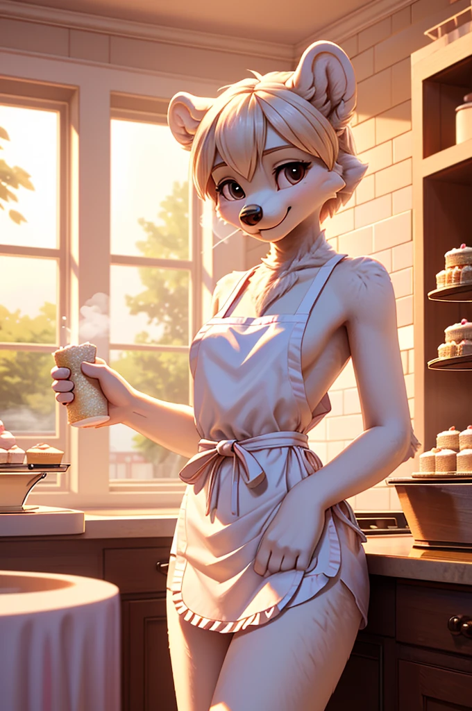 **Prompt:** A beautiful, (masterpiece), high quality, perfect lighting, highly detailed CG Unity 8k wallpaper, high resolution, perfect lighting, youthful, adolescent, slim, skinny, frail slender figure, distinctly feminine figure, narrow hips, close-up shot, big plump breasts, youthful, tall, slim, anthropomorphic polar bear woman, deep black eyes contrasting with fur, gentle smile directed at viewer, distinctly feminine figure, thick, fluffy, volumetric pure white fur, long legs, delicately icing cupcake in cozy bakery, flour dusting muzzle, pastel apron, warm golden light from old-fashioned oven, steam rising from fresh baked goods, vintage decor, cinematic high fidelity 3D CAD model style