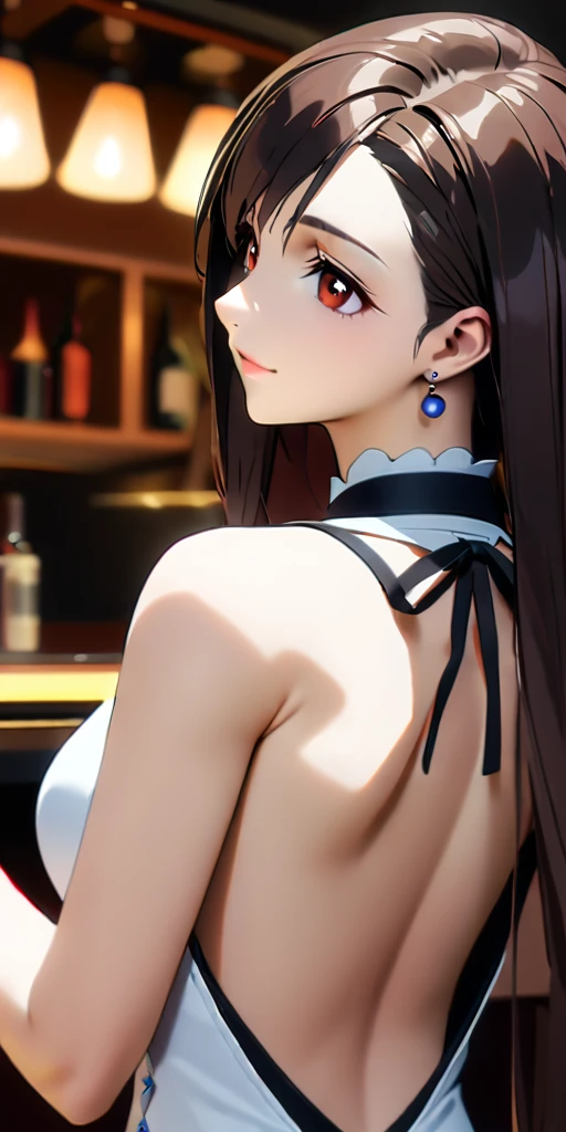 (((((tifa lockhart:1.5))))),((Highest quality、masterpiece、anime style、best quality、high resolution、8k、detailed、ultra-detailed:1.3))、Long legs:1.2, Beautiful woman with perfect figure:1.4、(Smiling:1.2), double eyelid、30-year-old female、((((One Woman,beautiful face,Beautiful face,upper body:1.5)))),Big Breasts、High resolution, accurate, Anatomically correct, High-resolution model, high quality, Very detailed, Ultra high definition、Black Hair、Straight Hair、Long Hair、cabaret girl, hostesses,Luxury Lounge、(((backless white dress)))