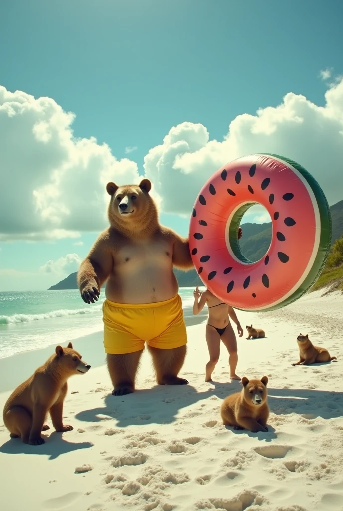 Grizzly bear deformed into an egg shape、Circle々Are fat、Yellow boxer shorts、A person with a large watermelon-patterned inflatable ring around their waist is dancing joyfully.、A big cumulus cloud against a clear blue sky、White sand beach、Falling sun、the brightness of 2 PM and strong shadows、There are many bears of my friends around.、Photorealistic、There are no humans、