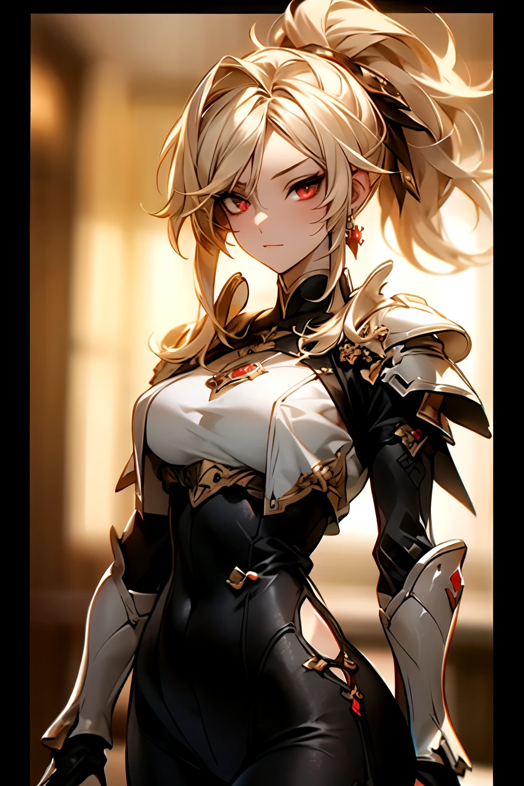 ((best quality)), ((Masterpiece)), (details:1.4), 3d, HDR (high dynamic range), amature woman, Blonde hair, High ponytail, Red eyes, hips up จมูกโด่ง, ปากแดง, หน้าอกใหญ่, nvidia RTX, PBR surface, After processing, Anisotropic filtration,depth of field, Maximum clarity and clarity, multi-layered surface, Subsurface scattering, perfect proportions, 8K raw files, ความละเอียดสุดยอด, Unreal 5, Perfect proportions, Octane Render, Wide aperture, Low ISO, Holy Knight, Heavy Red armor, jewely, ต่างหู