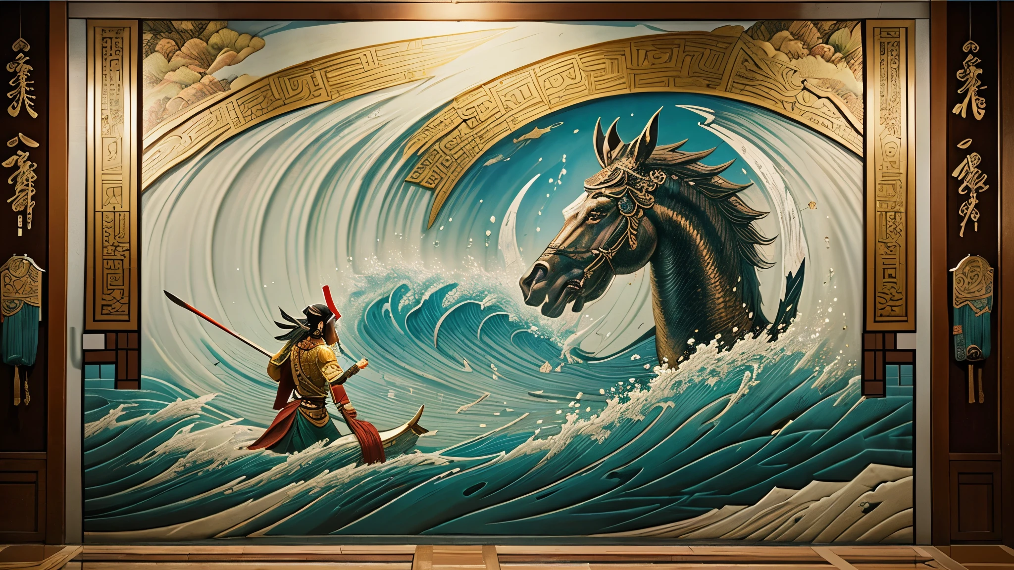 Immerse yourself in the world of [Ancient China with a stylized mural] portraying the legendary Yu, The large, and his heroic deeds, from controlling floods to founding the Xia Dynasty. (((Each panel of the mural is a masterpiece of creative and diverse rendering, showcasing the virtues and achievements of this legendary figure))).