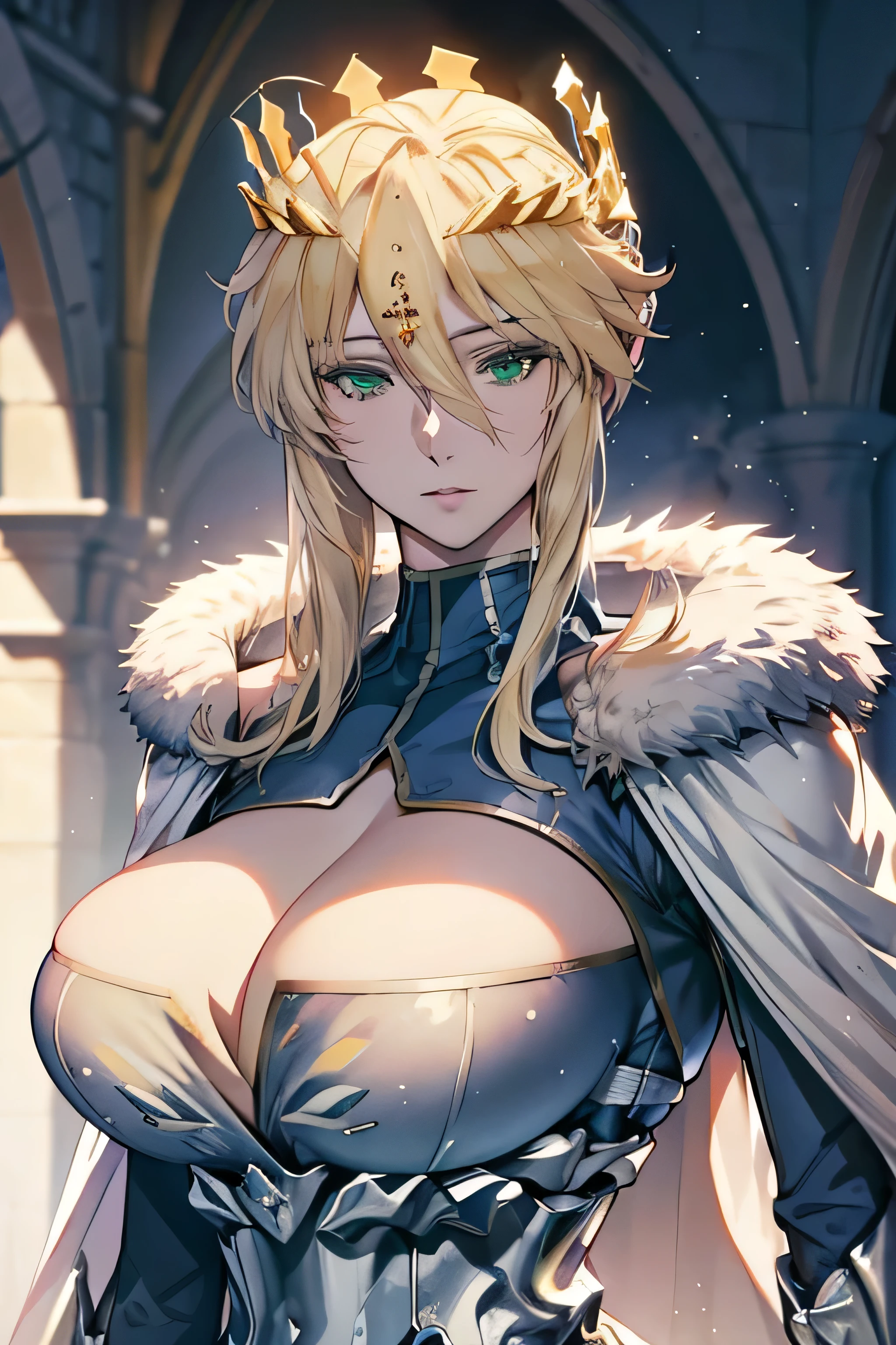 Artoria Lancer, woman, elegant, blonde hair, green eyes, casual clothes, crown, white cape, fur trim, portrait, head to bust, curvaceous, 4k resolution, high quality, castle interior, face focus, bokeh