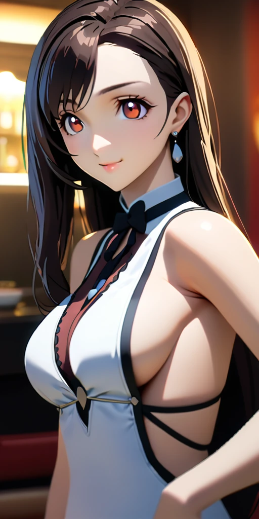 (((((tifa lockhart:1.5))))),((Highest quality、masterpiece、anime style、best quality、high resolution、8k、detailed、ultra-detailed:1.3))、Long legs:1.2, Beautiful woman with perfect figure:1.4、(Smiling:1.2), double eyelid、30-year-old female、((((One Woman,beautiful face,Beautiful face,upper body:1.5)))),Big Breasts、High resolution, accurate, Anatomically correct, High-resolution model, high quality, Very detailed, Ultra high definition、Black Hair、Straight Hair、Long Hair、cabaret girl, hostesses,Luxury Lounge、(((backless white dress)))