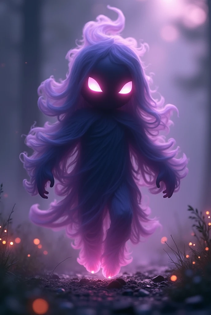 Phantom Golem. Vaporous shadow body, translucent but dark purple and black in color. Similar to the character Vivi from Final Fantasy IX. He is a teenager with a cute appearance. The body must be translucent smoke like a shadow (not solid). he doesn't wear a hat