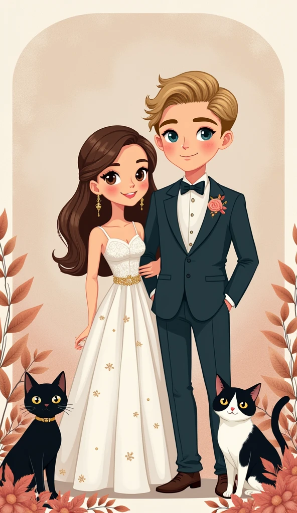 A simple and elegant illustration of a chic and minimalist wedding invitation. The design showcases Birsu Sun, a radiant bride with sleek, wavy brown hair and captivating dark-brown eyes, and Erkan Eren, a dashing groom with voluminous, wavy blonde hair and mesmerizing blue eyes. Their elegance is further accentuated by their refined attire. The couple's two cherished cats, Ponyo, a noble, short haired black female, and Roku, a charming black and white male with a curious expression and amber eyes, grace the corner of the invitation, adding an enchanting touch of whimsy and endearing charm.