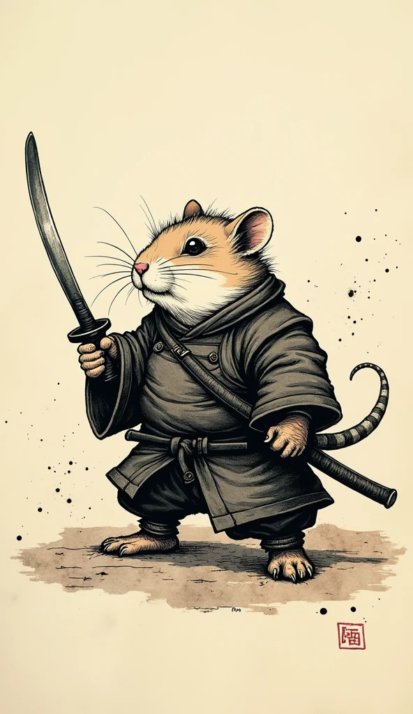 old book style ink illustration, on parchment, ink splashes, ink stains, ink smears, faded ink, samurai chubby Dzungarian hamster, katana, coat, pantless, linquivera,  on parchment