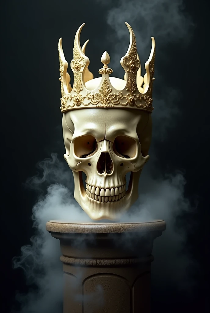 photograph of a ivory crown shaped skull, dark background, fog, smoky, dramatic lighting, misterious pedestal, gold accent