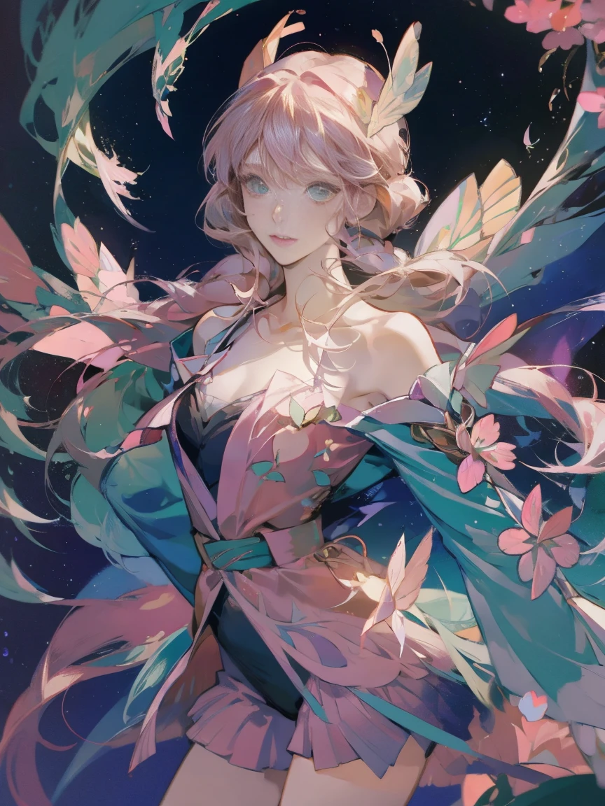 Anime Face, Pink Hair,Green eyes, Fluttering hair，Butterfly，Flappy feathers
