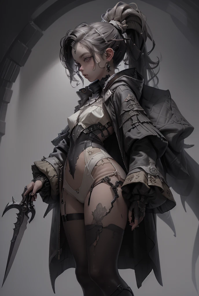 (((masterpiece, of the highest quality, super detailed))), hand drawn style, hand painted style, watercolour, sketch, a knight, white background, plain background, Bloodborne inspired, tatty Bloodborne attire, occult aesthetic, occult, tatty red and white clothing detailed and intricate steampunk and detailed gothic lolita (with a hood), long coat, very thin long legs, Complex laced boots, Fluttering lace flared long knee length dress with frilly petticoats, long dress, knee length dress, petticoats gothic lolita, beautiful small breasts, (((( Highly detailed face))), small thin nose, Small thin lips mouth, (((Very sharp focused eyes))), Very large slit precision pale grey eyes that shine like jewels. ((dark hair)), ((long ponytail, thick ponytail, heavy ponytail)), very long eyelashes, white background, Very dramatic and cinematic lighting, tatty damaged old red and white clothing, full body, whole body, body, cosmic horror, grim dark