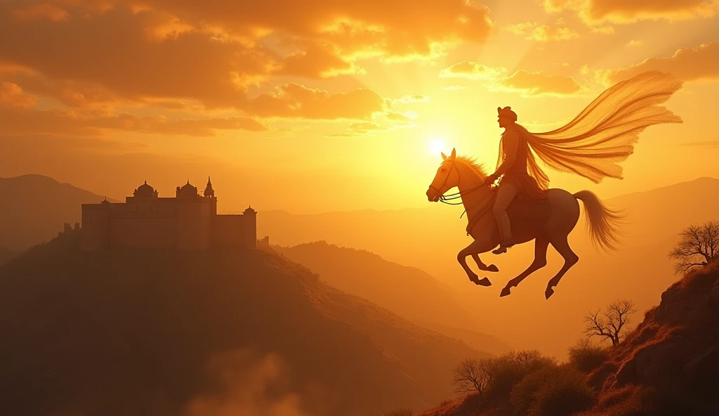 A depiction of Maharana Pratap's spirit rising above the battlefield, where he fought countless battles. His figure, transparent and ethereal, stands tall, looking down upon the land of Mewar. The background features iconic landmarks like the Kumbhalgarh Fort and Chittorgarh, representing the vastness of his kingdom and his eternal watch over it."