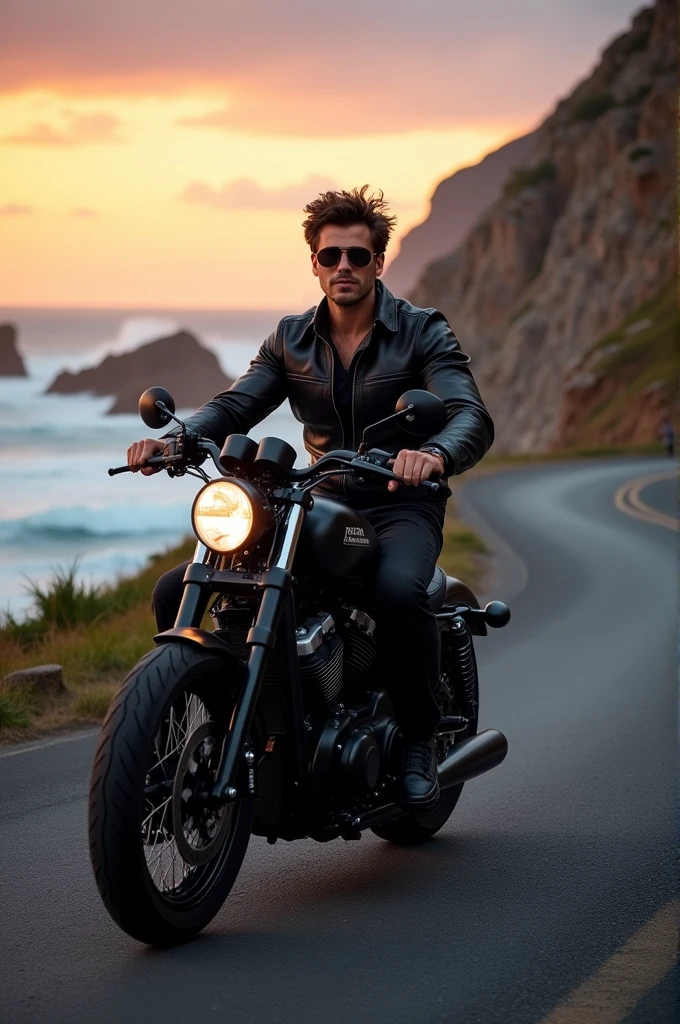A black motorcycle dashing along the winding coastal road at dusk、Dressed in all black。Handsome Men