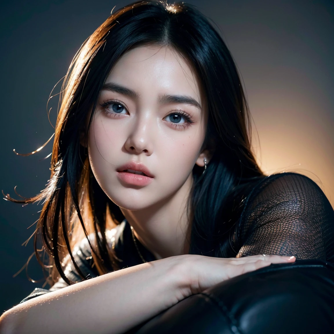 american chinese model, slim face, black wavy hair, sharp eyes, natural light, 21 years old, close-up of face, ((1 girl, Show half Body)). Ultra HD, Ultra-detailed, Highly Detailed, Ultra High Realistic, Ultra-realistic, Masterpiece:1.5, illustration:1.1, best quality:1.5, realistic, photorealistic, fine detail, perfect detail, sharp color, 4k, 8k, HDR, sharp focus, smooth detail, high resolution. (Anatomically Correct), (Detailed Realistic Skin Texture). slim body. A beautiful woman wearing long sleeves shirt and pants. dark background. Long black hair with bangs, Beautiful face, closed mouth, closed lips, detailed face, Beautiful eyes, perfect symmetrically perfect eyes.