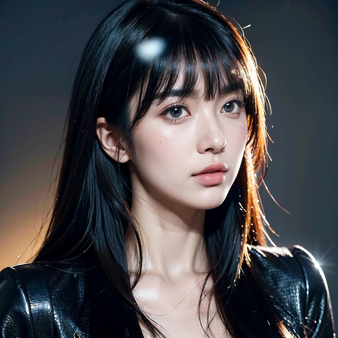 american chinese model, slim face, black wavy hair, sharp eyes, natural light, 21 years old, close-up of face, ((1 girl, Show half Body)). Ultra HD, Ultra-detailed, Highly Detailed, Ultra High Realistic, Ultra-realistic, Masterpiece:1.5, illustration:1.1, best quality:1.5, realistic, photorealistic, fine detail, perfect detail, sharp color, 4k, 8k, HDR, sharp focus, smooth detail, high resolution. (Anatomically Correct), (Detailed Realistic Skin Texture). slim body. A beautiful woman wearing long sleeves shirt and pants. dark background. Long black hair with bangs, Beautiful face, closed mouth, closed lips, detailed face, Beautiful eyes, perfect symmetrically perfect eyes.