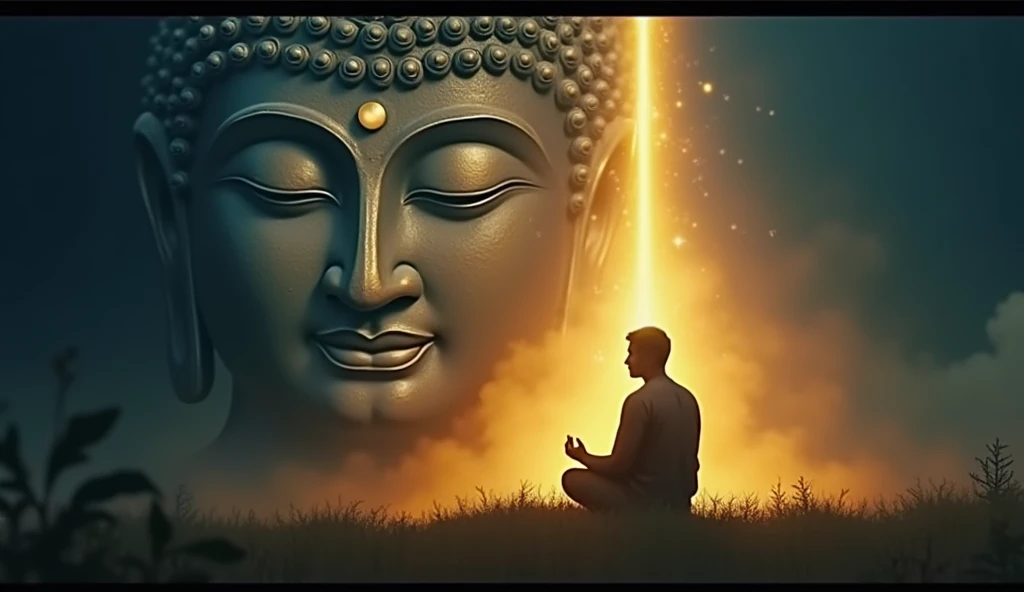 "Create a visually appealing thumbnail for a YouTube video titled 'Buddha's Lesson: The Cure for Overthinking.' The main focus should be a close-up of Gautam Buddha's calm and gentle face with eyes half-closed in meditation, surrounded by a subtle golden aura. In the lower part, include a silhouette of a young man kneeling or sitting in meditation, facing Buddha, symbolizing the search for wisdom. The background should transition from deep blue at the top, representing turmoil, to warm golden light at the bottom, representing enlightenment and peace. Overlay the title text in bold, white or gold font with a subtle shadow. Include a glowing arrow in the background pointing upward, symbolizing the transition from suffering to enlightenment."
