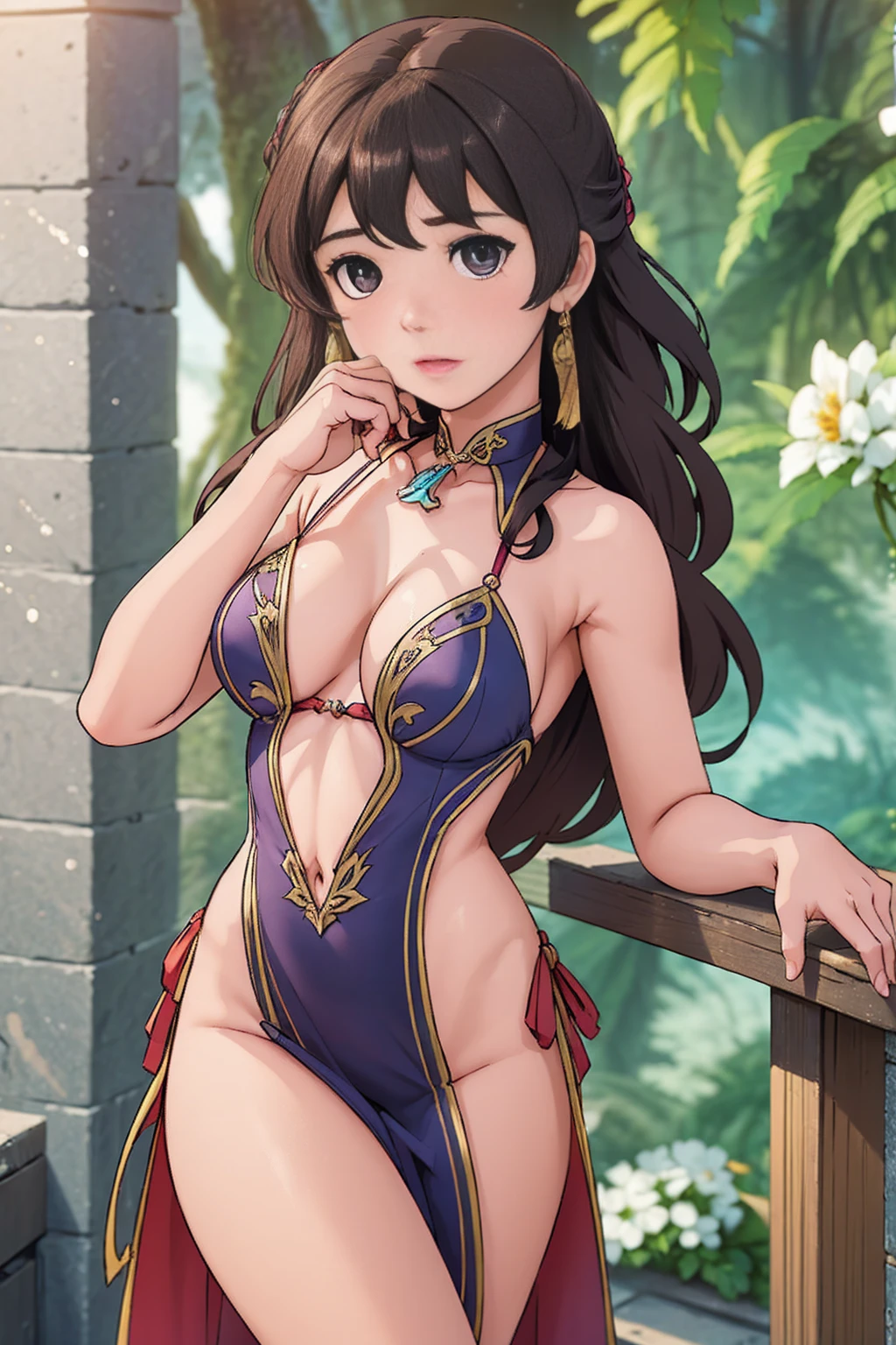 (Best Quality, 8k, Masterpiece :1.3), handsome young milf  with perfect figure and long hair :1.4, Zhong Li, Zhongli, Dark brown hair, inflated chest, genshin impact, on ruins, in the hands of a spear, Very detailed face and skin, Detailed eyes, Double eyelid