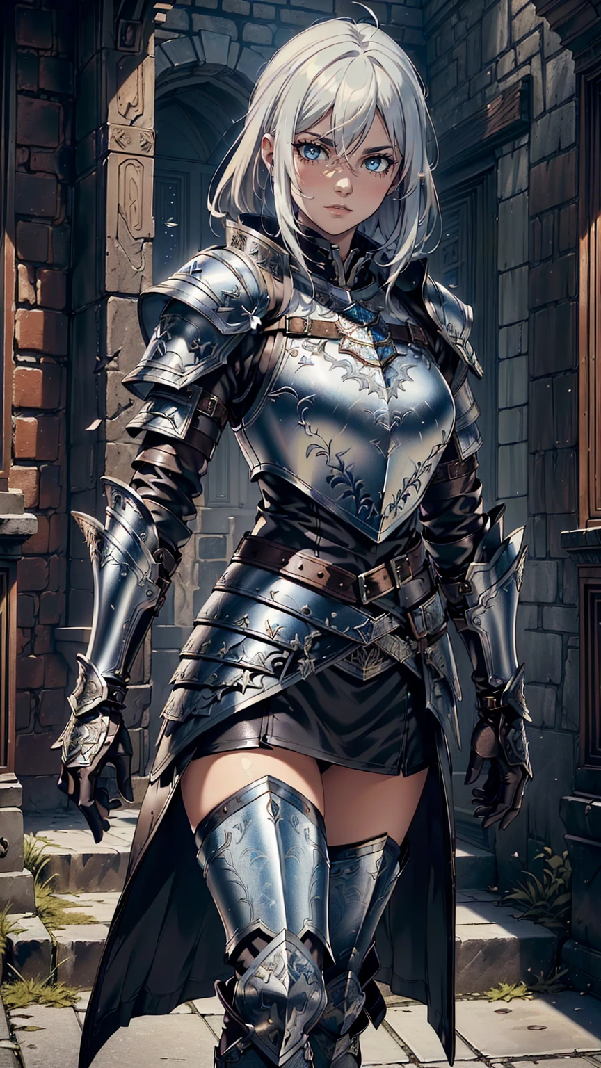 最high quality、Ultra High Definition, Ultra High Quality, Hyper Definition, Hyper Quality, Hyper Detailed, Extremely Detailed, Perfectly Detailed, Best image quality、masterpiece、anime rifle woman((40-year-old、super dynamic pose ,  Blue solid eyes, Silver Short Curve Hair, Disheveled Hair,  White Hair, Glove、Leather Dress,  Noble Leather Armor, Lips,   Strict Expression, , charismatic, Detailed Cuirass , Wearing  Full Coverage Fantasy Leather Armor, leg armor)),high quality、Beautiful art、background((Inside the mansion))、Written boundary depth、 movie、Visual Arts、Perfect art、8K,Genuine、