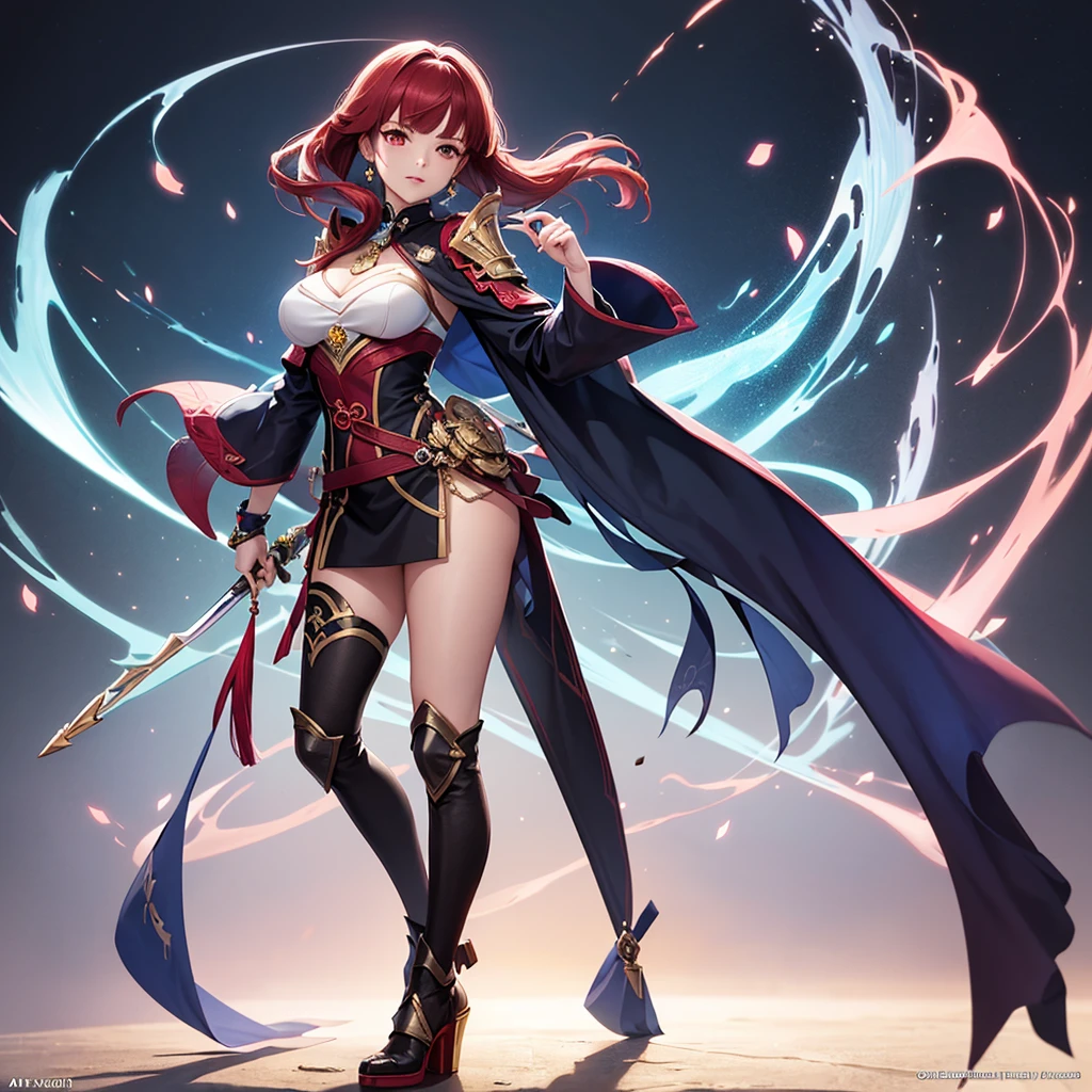 woman with long red hair and armor, red eyes, ayaka genshin impact, ayaka game genshin impact, zodiac knight girl portrait, female protagonist, Kushard Krenz key art feminine, valentine shuffle, genshin impact character, Genshin, That's Right, Artgerm and Ati Gairan, Portrait Knight Female,cowboy shot,(full body:1.5, 1 girl, solo focus)
