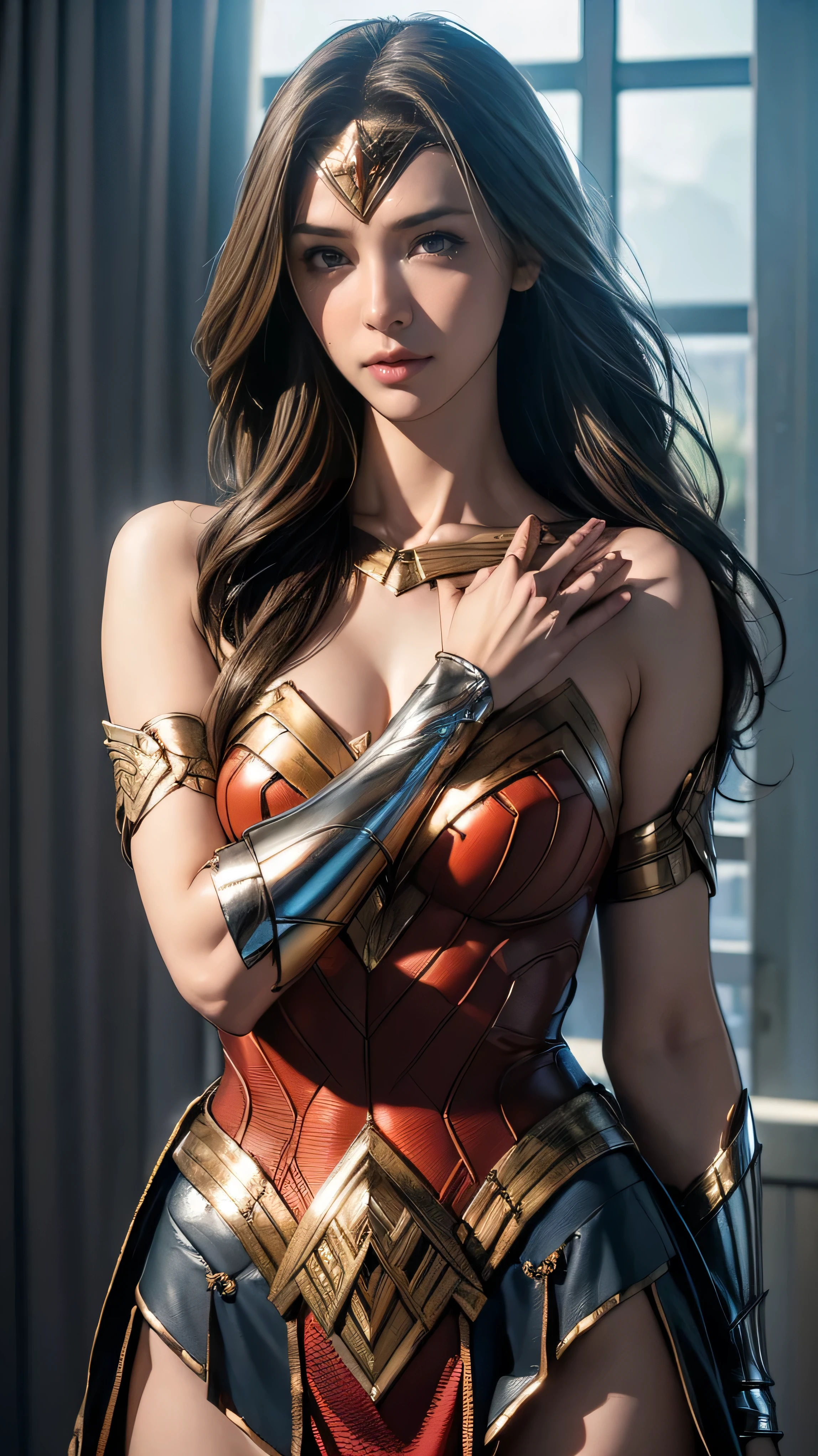(Highest quality,4K,High resolution:1.2),Very detailed,(Realistic:1.37),Beautifully structured scenes,Dramatic lighting, Wonder Woman from a close-up shot in DC, Twisted space, twisted undead in the background,lens blur,Light Shaft, intricate and complex details, Volumetric lighting, 4K Rendering, Stock Photo, hyperRealistic texture, HDR lighting effects, Unreal Engine,SHY SMILE,Standing gracefully、Blonde long hair、Long hair that reaches down to the toes、((Removing the bulletproof guard from the hand、Removing the bulletproof guard from the left hand with the right hand:1.3))、((Undressing、Removing the hand attachment:1.3))))、Take off only the upper body、Starts taking off costume、Embarrassed to take off