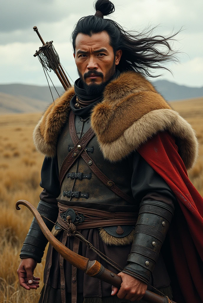 a Mongolian steppe warrior, highly detailed portrait, realistic, photorealistic, 8k, hyperrealistic, striking gaze, piercing eyes, chiseled facial features, rugged skin, windswept hair, fur-trimmed armor, leather and metal accents, holding a traditional Mongolian bow, vast grasslands in the background, dramatic lighting, moody atmosphere, earthy color palette, dynamic pose, masterful digital painting