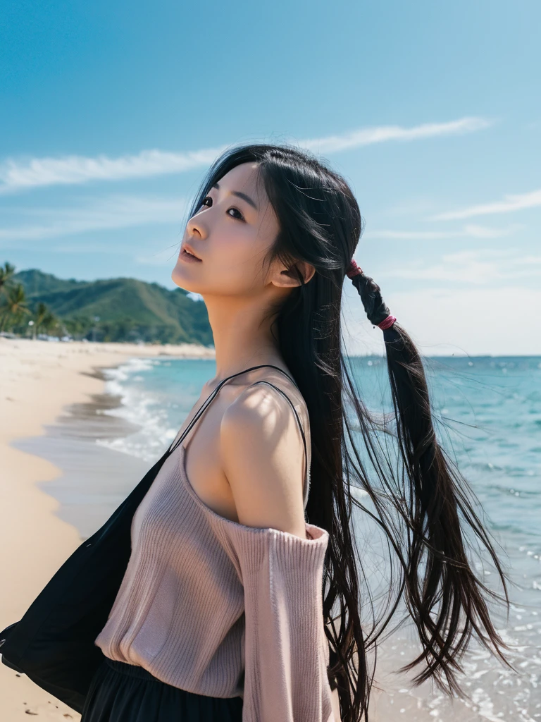 A beach with a sky full of stars
A Japanese woman with long black hair


