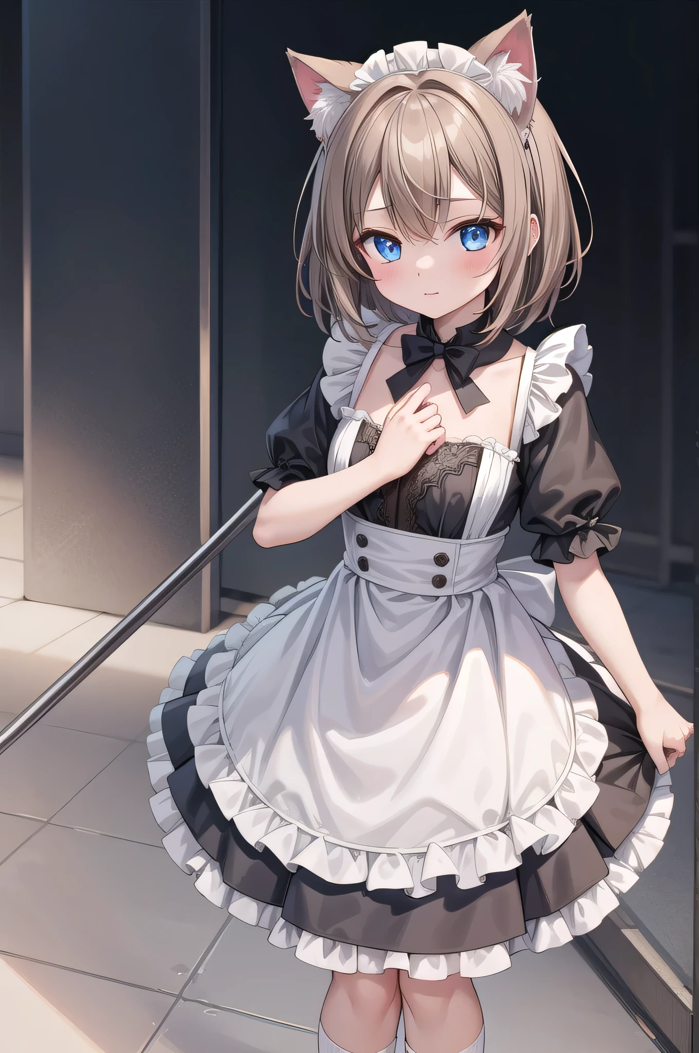 Solo Girl, 20-year-old,Medium Hair, Light brown hair, Mid-chest, highest quality, High resolution, Very detailed, Detailed Background, Perfect lighting、Extreme maid outfit、very cute, Blue eyes, a pair of cat ears, Blush, white silk socks, lace, stand