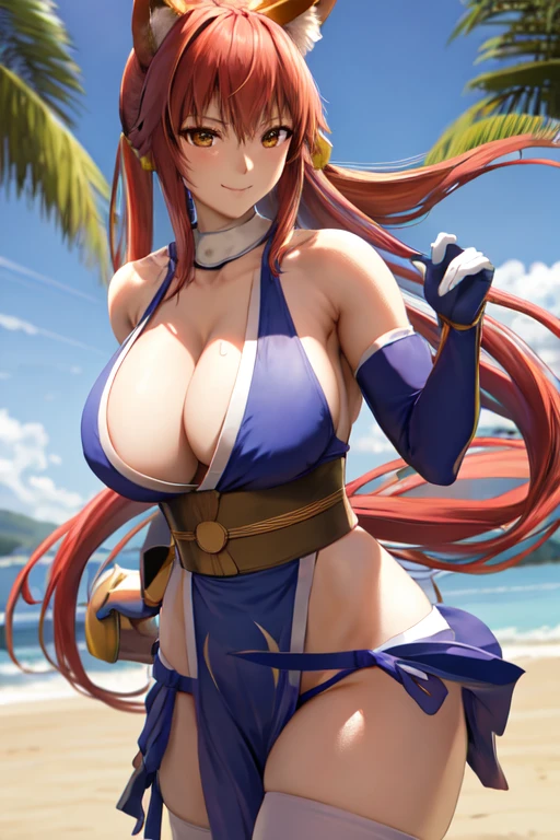 masterpiece, best quality, beautiful art, high resolution, well formed hands, body and fingers, 1 woman, solo, Tamamo No Mae, fox ears and fox tail, 31 years old, hair ornament,  adult, grown up, big breasted, cleavage,  full body, braided long hair, blue_japanese_clothes, wearing DOA Kasumi's blue kunoichi dress, sexy and skimpy japanese clothes, kimono peek, sleeveless, panties peek, white stockings, gorgeous legs and thighs,she is doing exercise at the beach, seductive face, warming up, working out, sexy and captivating training, smiling joyfully and happily , looking at the viewer, cowboy shot on her bouncing breasts and red thong, sweating , bouncing breasts, training montage session, beach environment  