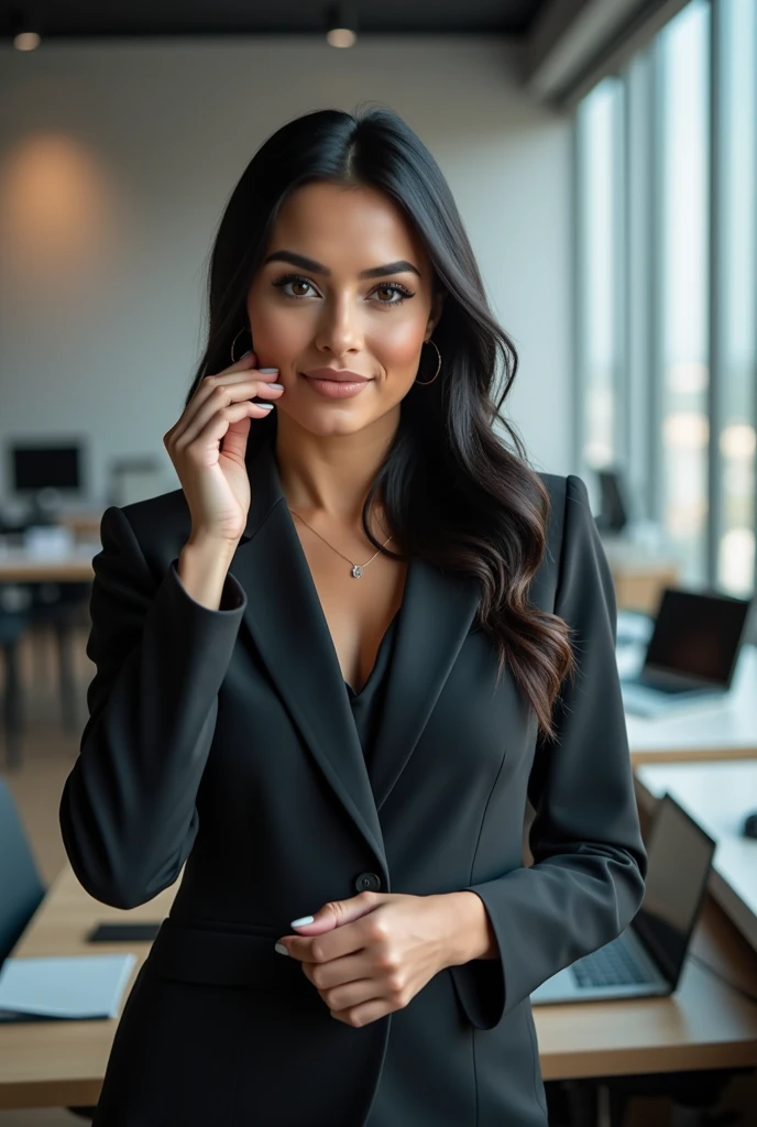 Latin woman, of 1,80 meters high, slim brunette, straight black hair without waves, large eyes, elongated profile , threaded nose, medium thick lips, with a beautiful smile, professional, sophisticated executive, speaking into a microphone, working on a laptop