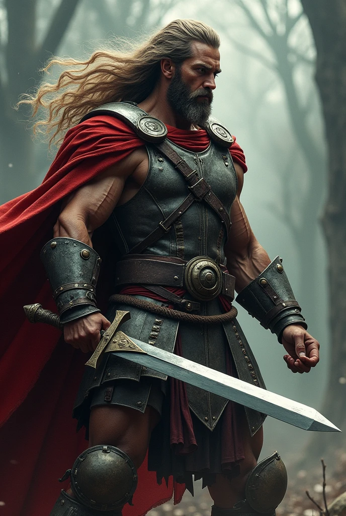 a muscular barbarian warrior, long hair, strong facial features, rugged armor, holding a massive sword, epic medieval fantasy landscape, moody lighting, dramatic action pose, highly detailed, photorealistic, cinematic composition, dramatic colors, chiaroscuro lighting, gritty and grungy, dark and moody