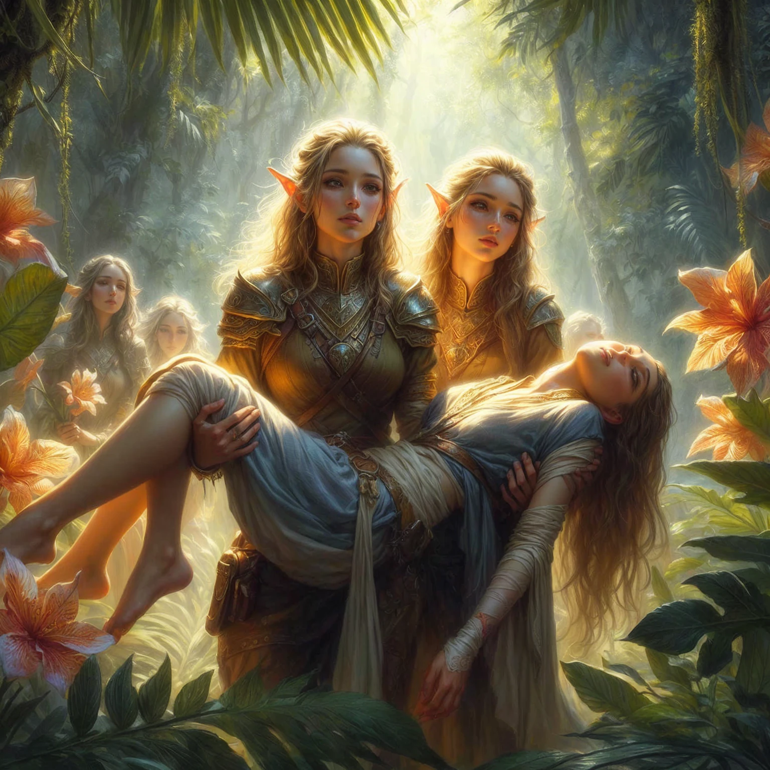 a painting of two women in a forest with flowers, magali villeneuve', graphic artist Magali Villeneuve, Element, by Magali Villeneuve, Award-winning Fantasy Art, realistic fantasy painting, Tyler Edlin Fantasy Art, award-winning Fantasy Art, High-Fantasy-Kunst, 4k fantasy art, Realistic fantasy artwork, High quality fantasy art, detailed fantasy art